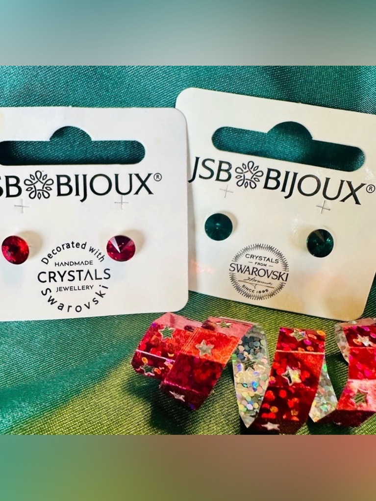 Crystal Stud Earrings Set Made With Swarovski Elements Red & Green Nwt